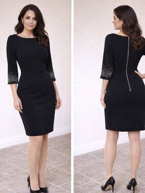 NWT Calvin Klein Black Rhinestone Embellished Bell Sleeve Sheath Dress Size 10